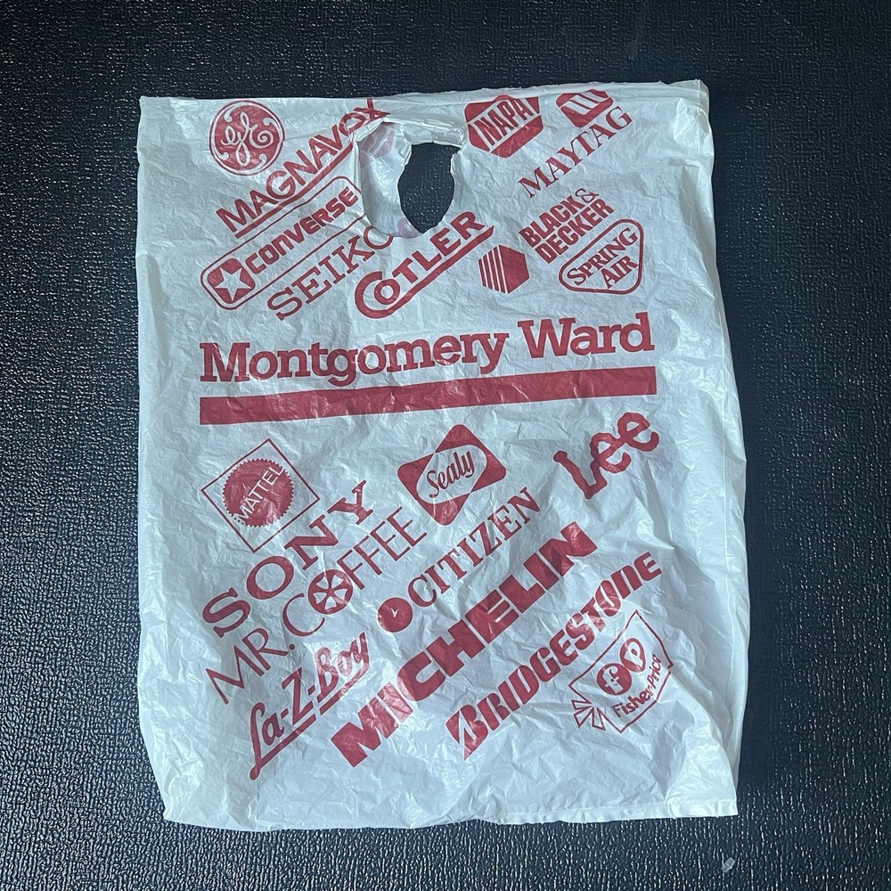 Vintage‎ Large Montgomery Ward Plastic Shopping Bag Lee Bridgestone Sony